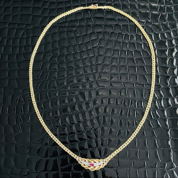 ESTATE 14K GOLD RUBY NECKLACE W/ DIAMONDS DOUBLE ROPE CHAIN - Picture 2 of 11